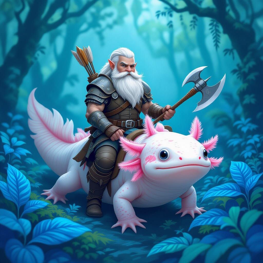 Gnome Warrior Rides Axolotl Through Blue Forest
