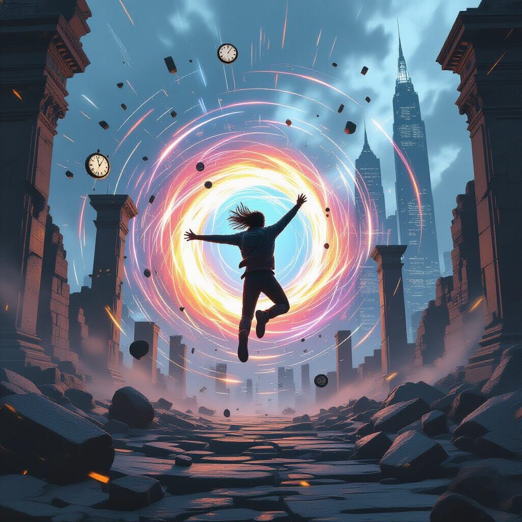 Leaping Figure in Swirling Time Vortex