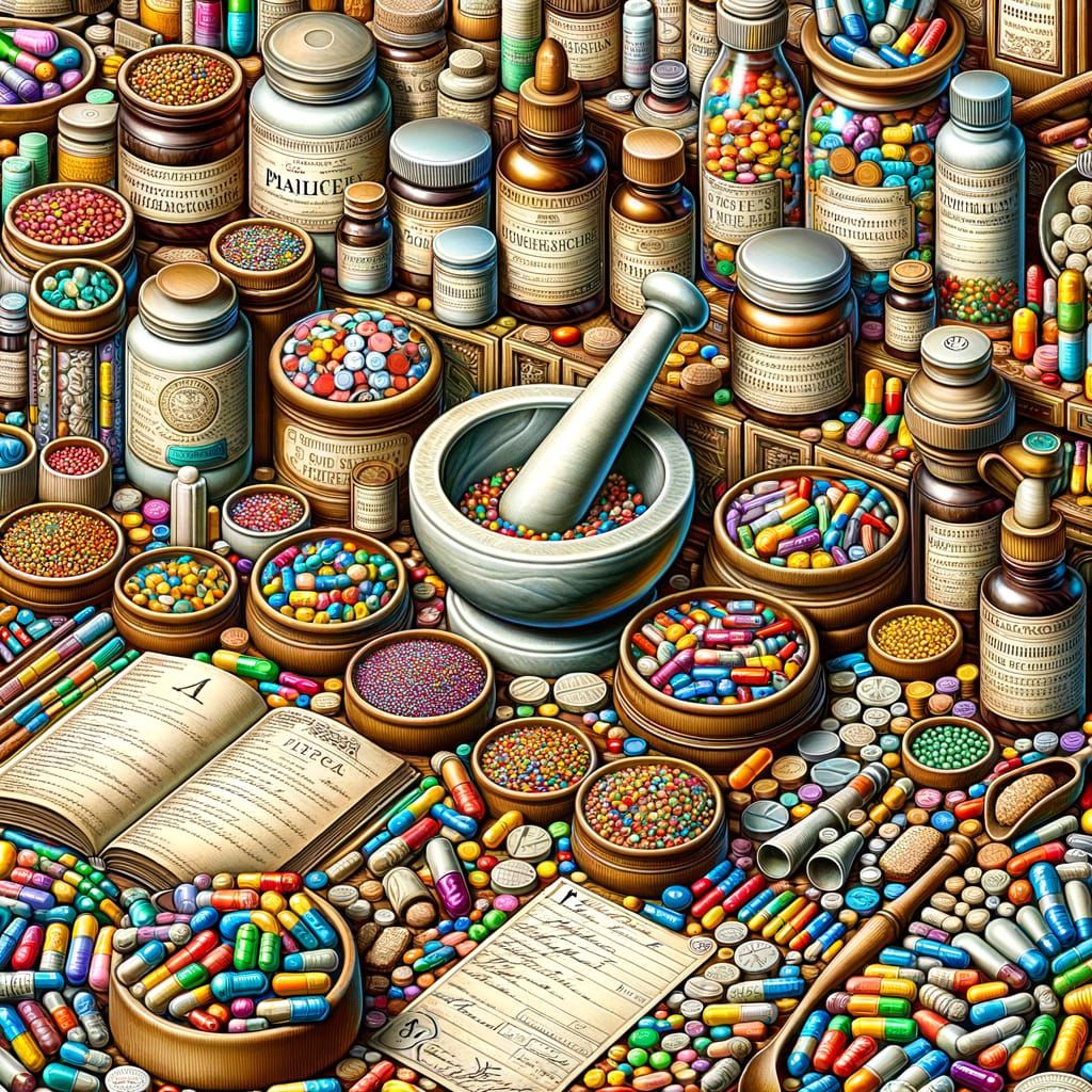 Vintage Apothecary Pharmacy Scene with Colorful Pills and Ca...