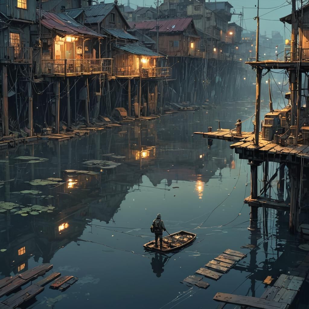 Post-Apocalyptic Fisherman on Dock: Steampunk Anime Art