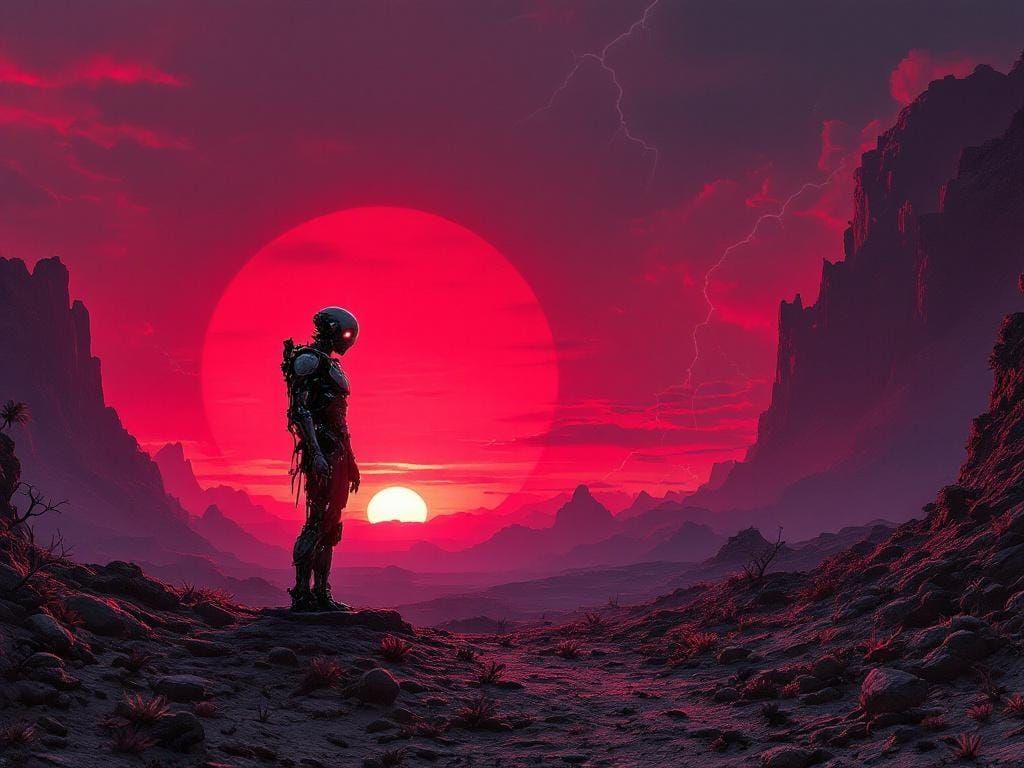 Cyborg Silhouette on Alien World in Dystopian Style