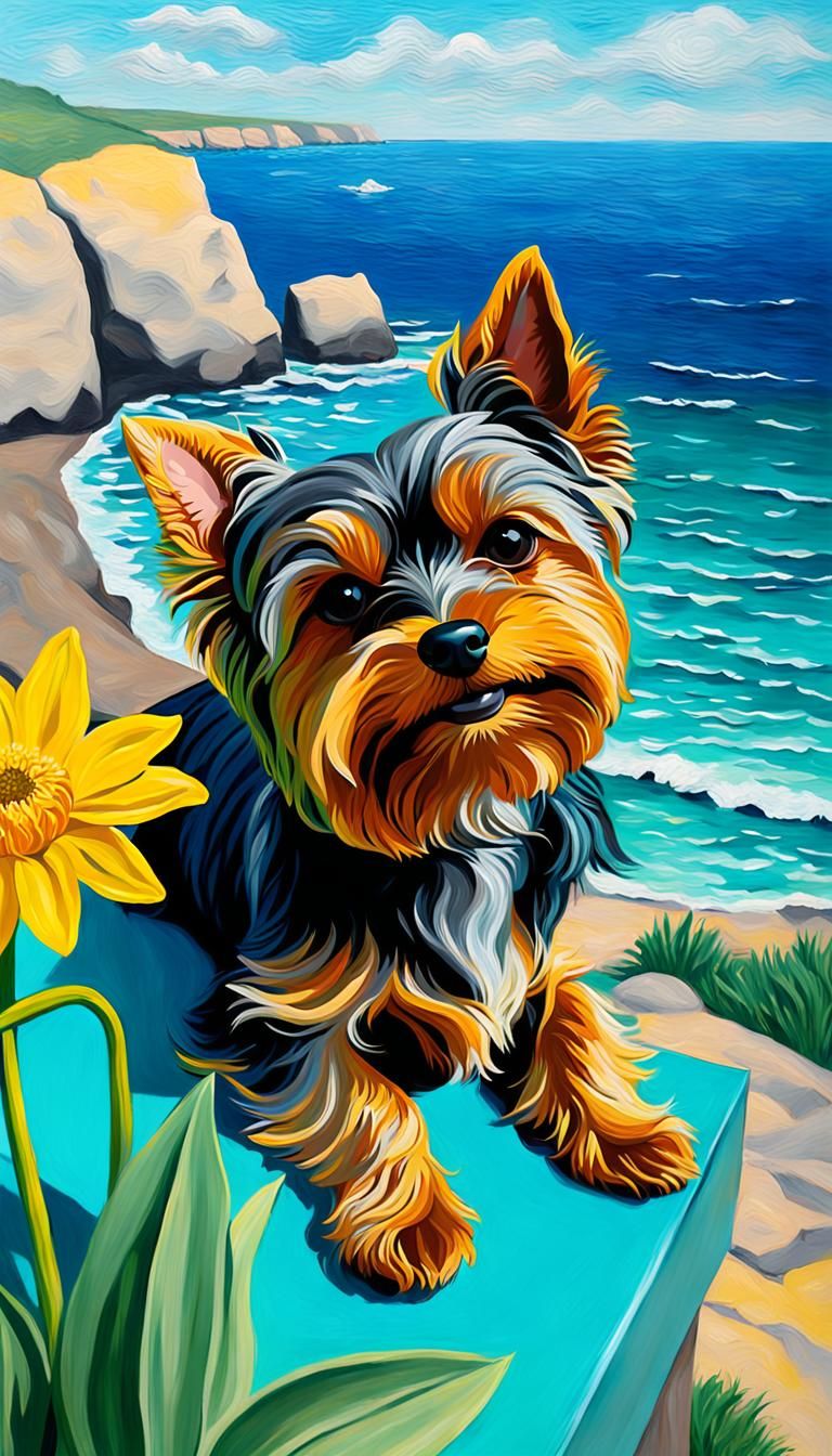 Yorkie at Cove in Picasso-Style Metallic Oil Painting