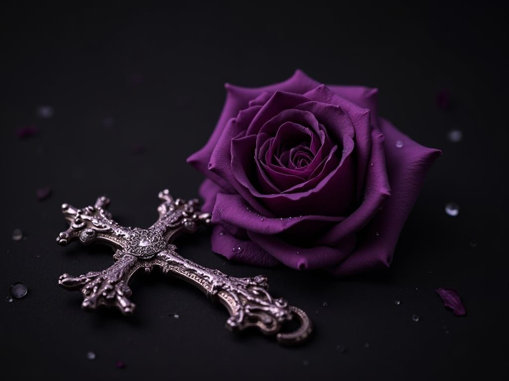 Dark Purple Rose with Cross in Dark Romantic Style