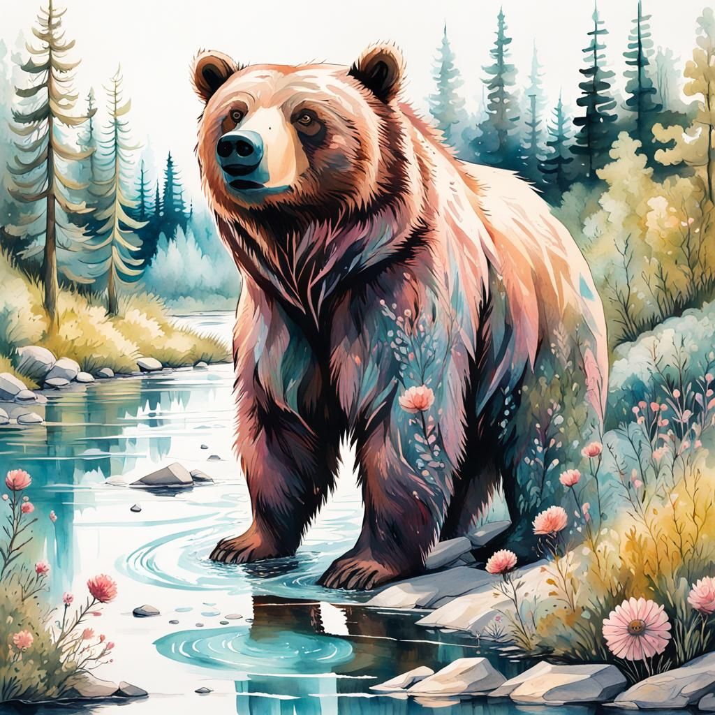 Grizzly Bear Gouache Illustration with Watercolors