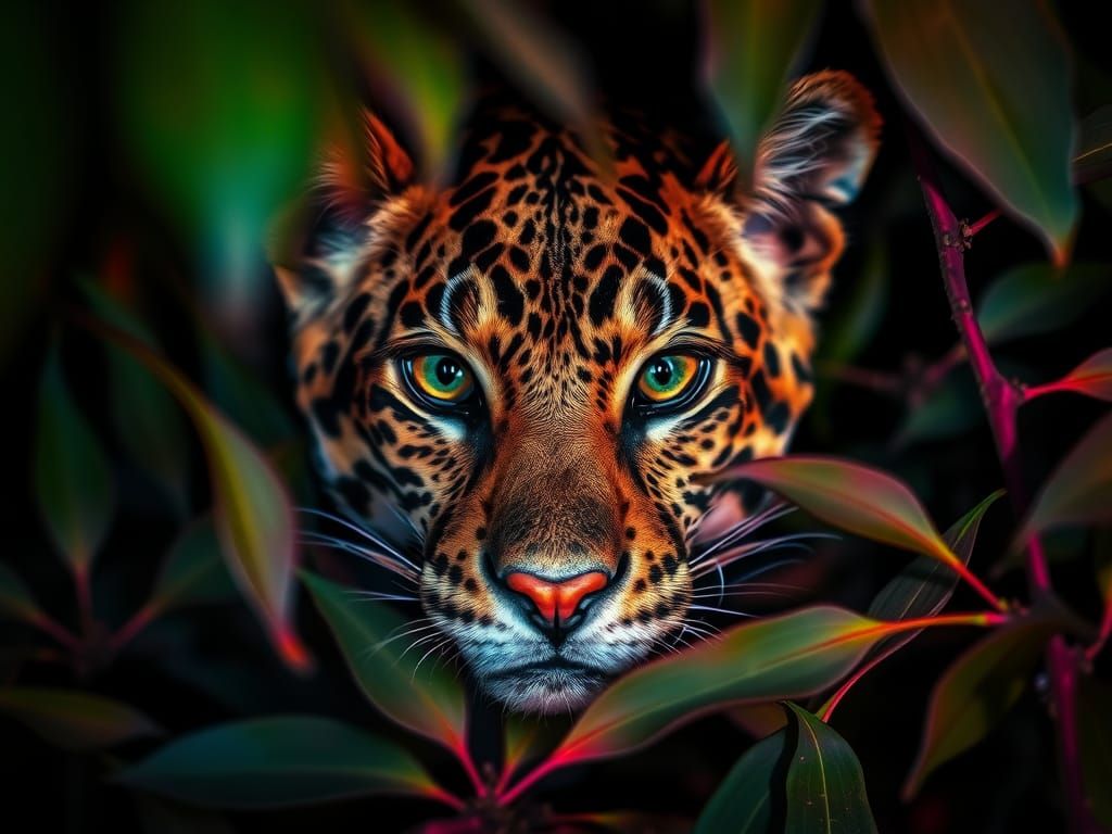 Leopard Head Hiding at Night with Colorful Lighting