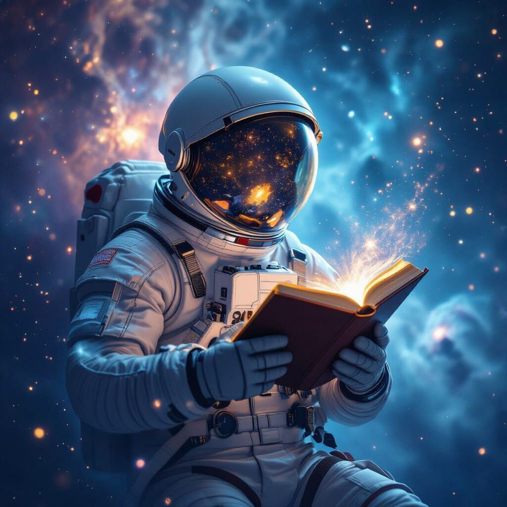 Astronaut Reading Book in Nebula, Cosmic Art