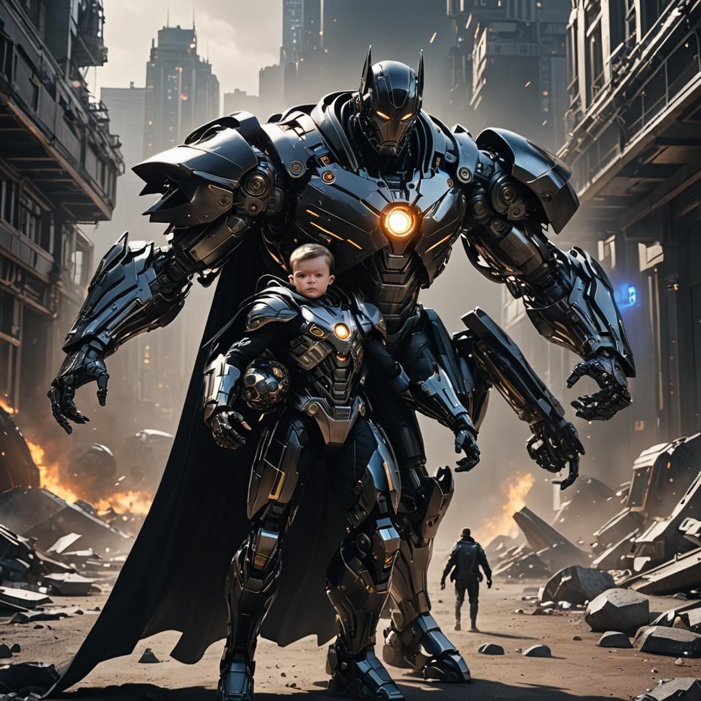 Superhero with Baby in Sci-Fi Cinematic Scene