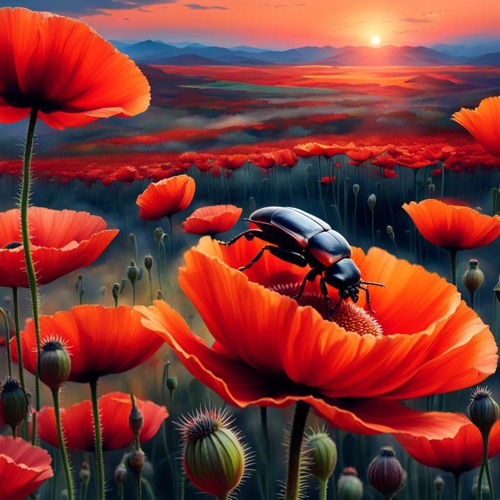 Beetle on Poppy: Extreme Close-Up Macro Photograph