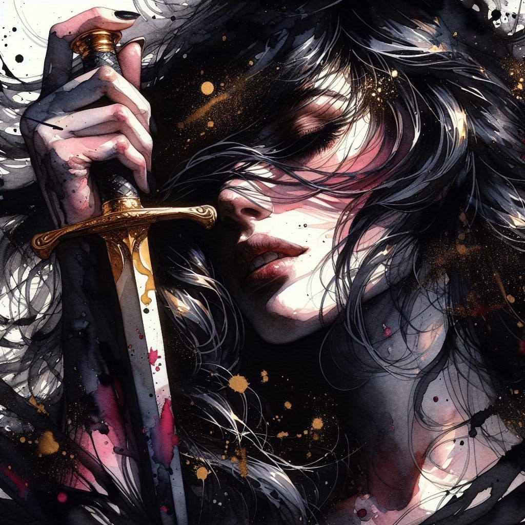 Watercolor Portrait of Woman with Golden Dagger