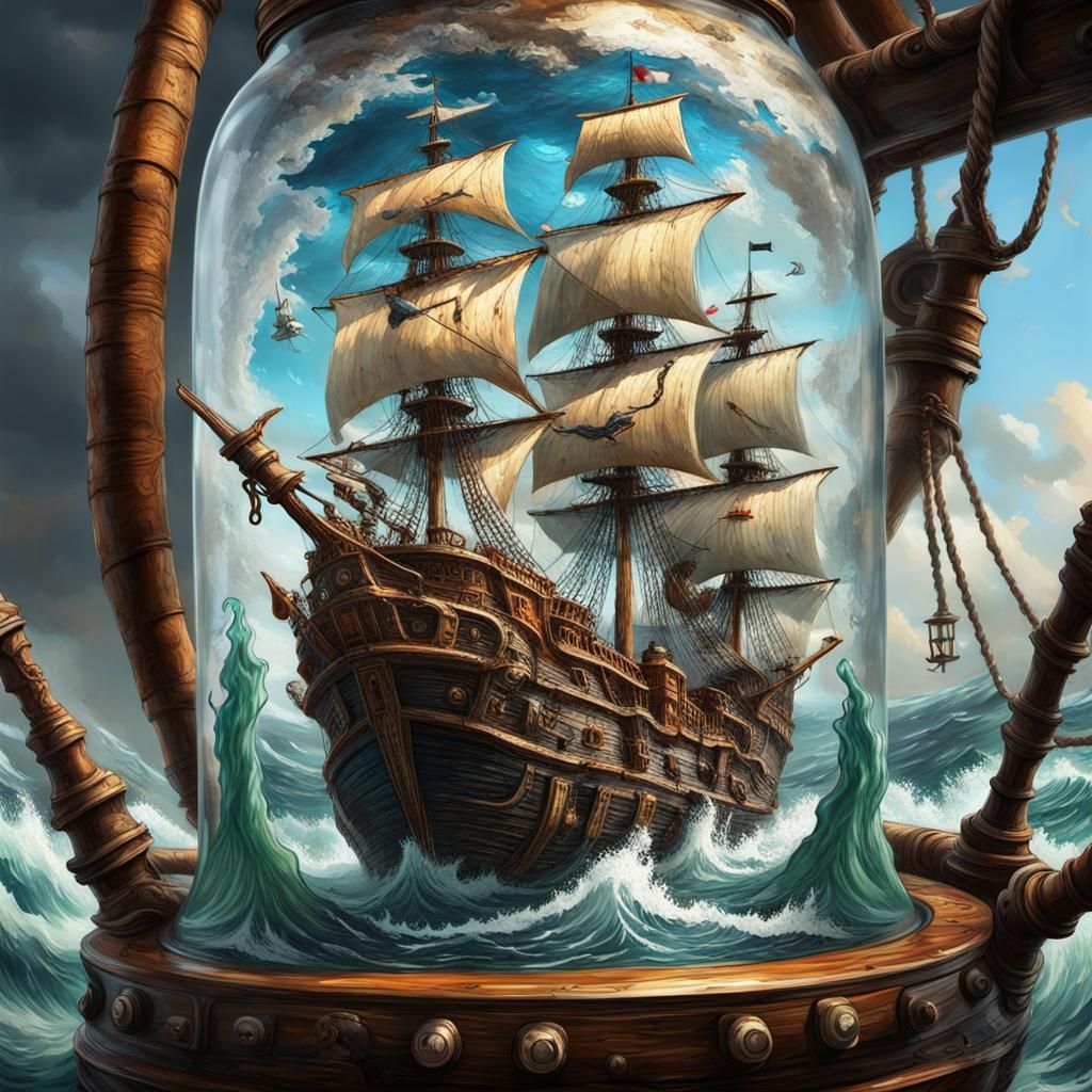 Pirate Ship Battle in a Bottle: Impressionist Masterpiece