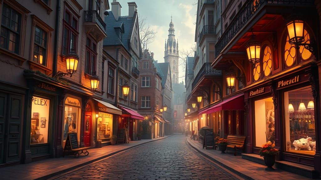 Whimsical Cobblestone Street at Sunset