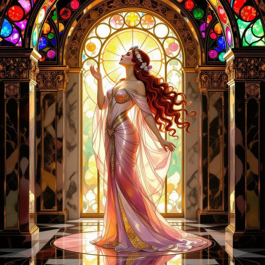 Divine Feminine Figure in Stained Glass Art Nouveau Style