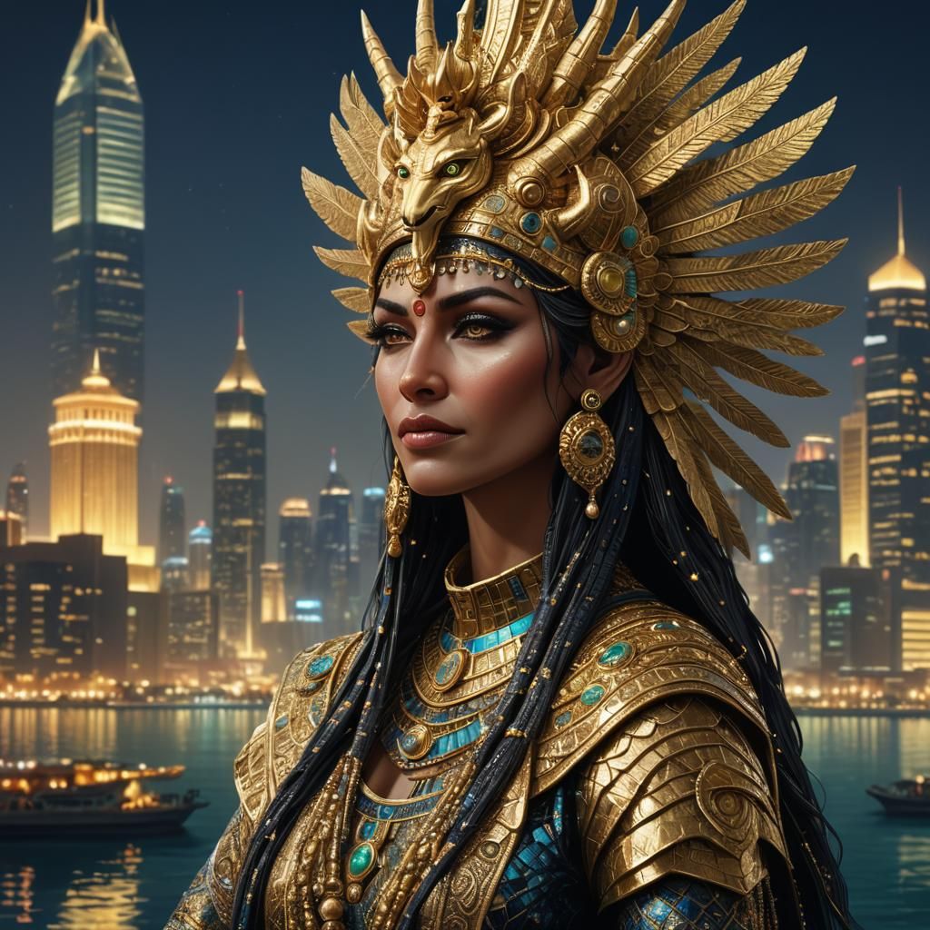 Ancient Mesopotamian Goddess Surveys Futuristic Cityscape at...