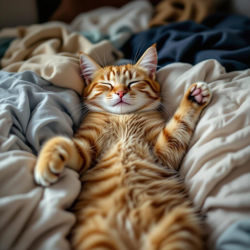 Cute Tabby Cat Sleeps on Laundry, Photorealistic Style