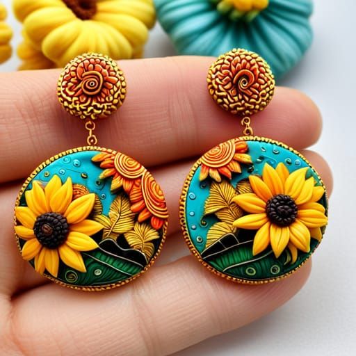 Abstract Polymer Clay Earrings with Sunflowers