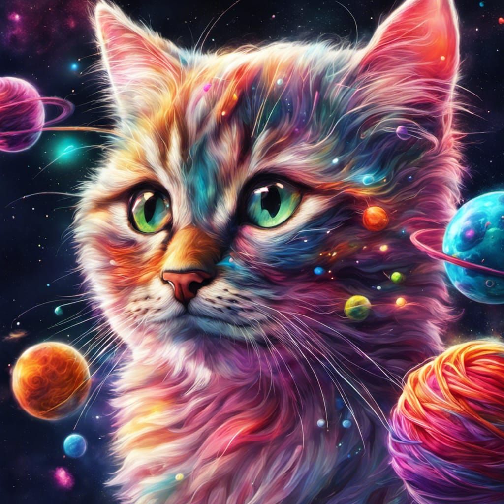 Cute Neon Kitty in Space, Hyperrealistic Art