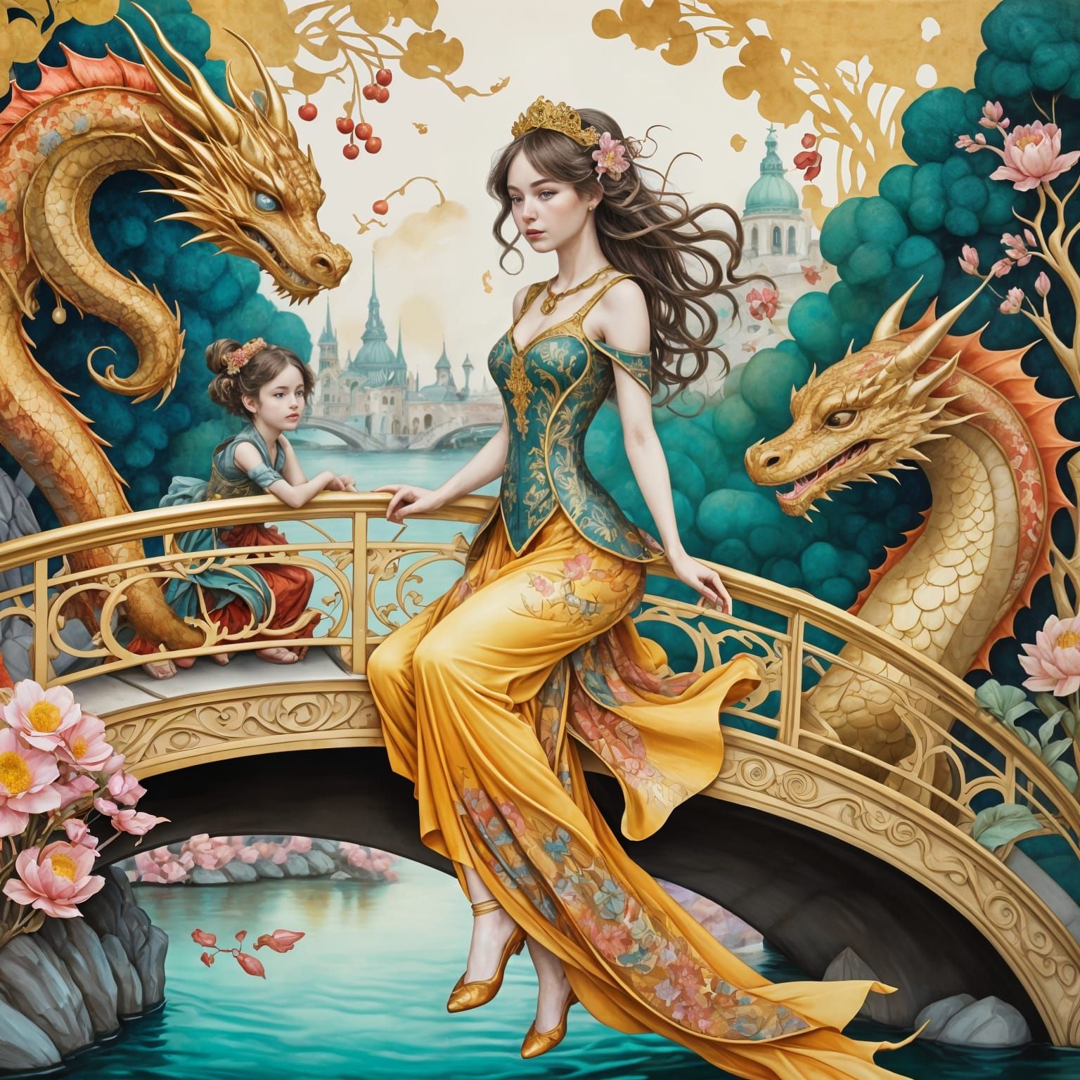 Vibrant Art Nouveau Princess Plays with Dragons on a Gilded ...