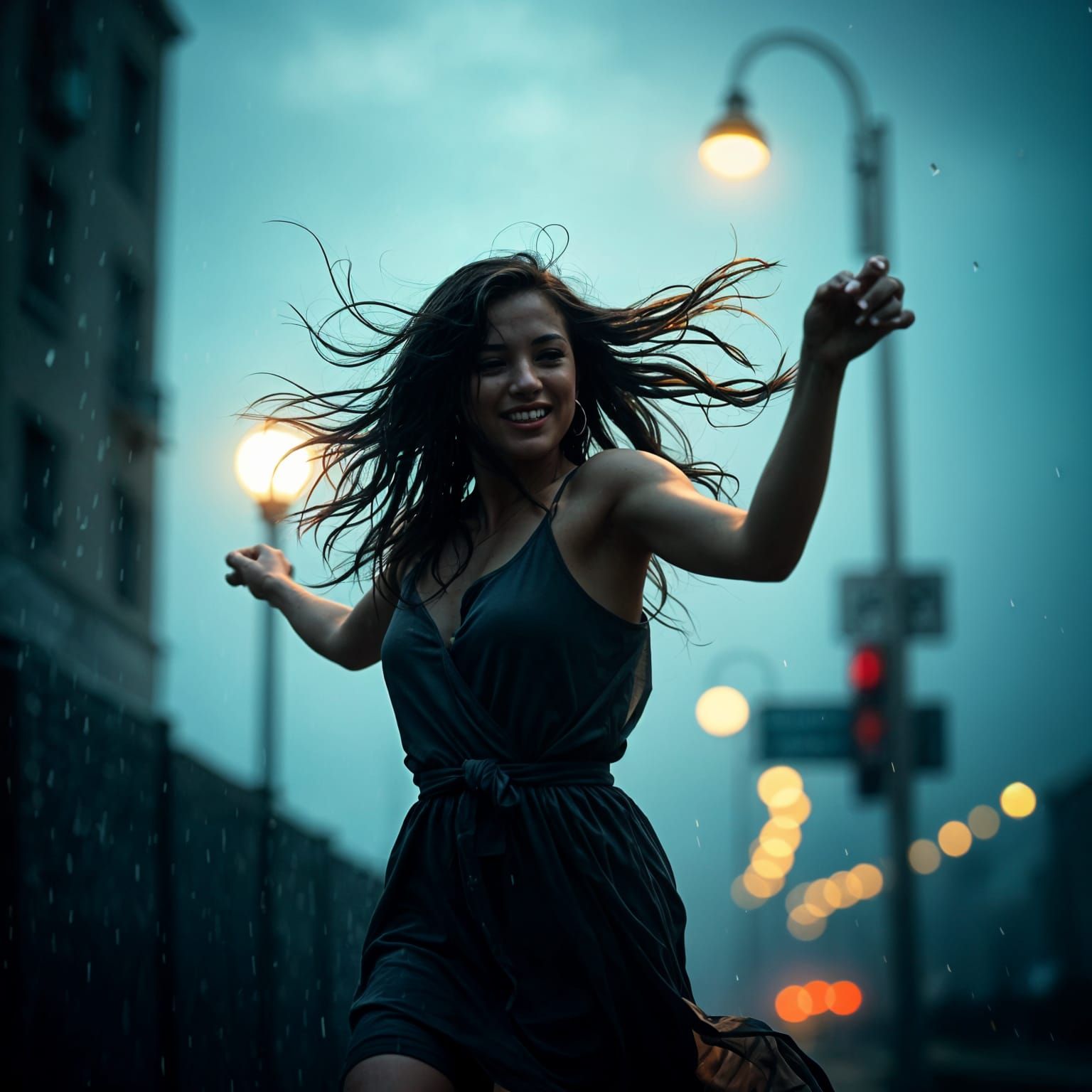 Woman Dancing Freely in Rainy Night
