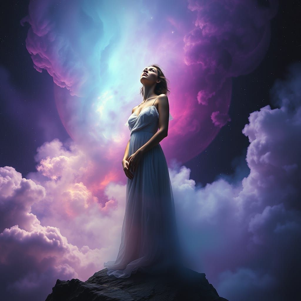 Surreal Woman Adrift in a Vibrant Nebula