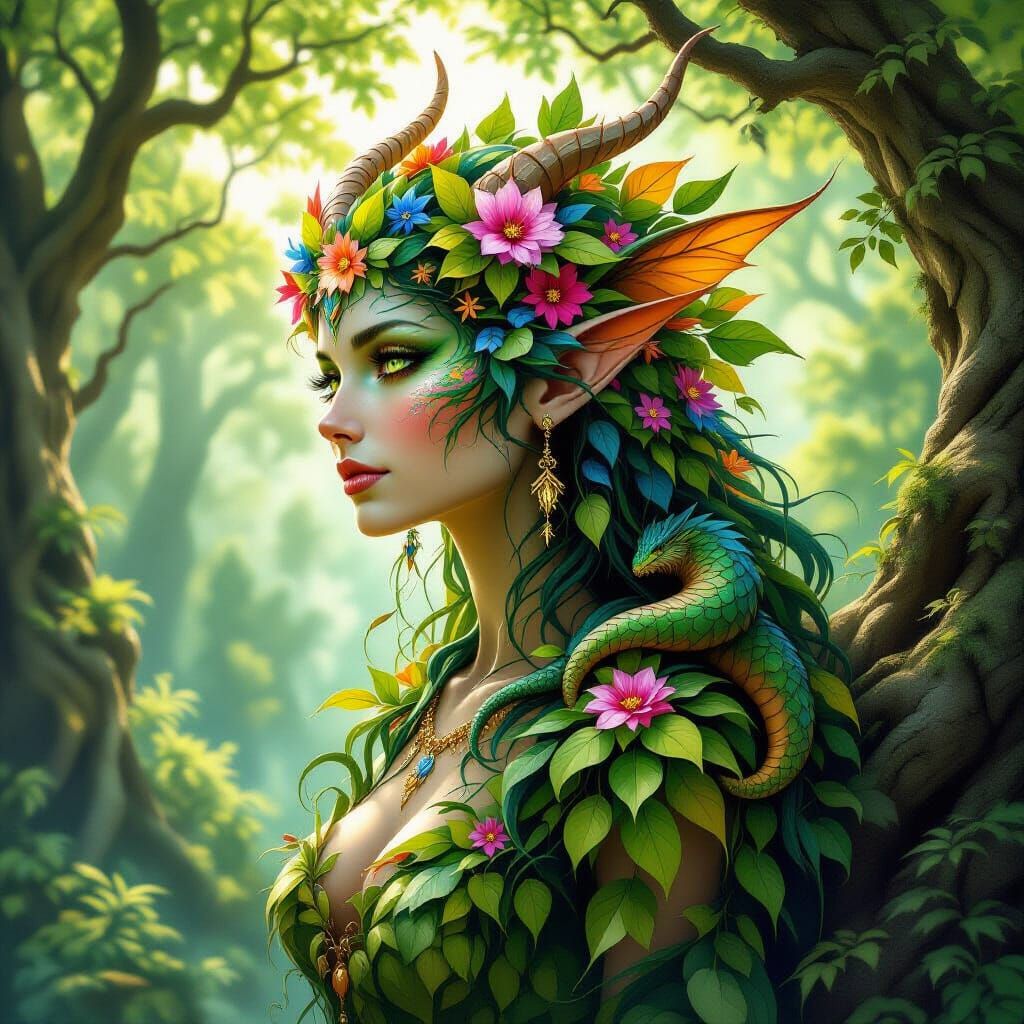 Mystical Forest Spirit Portrait in Painterly Style