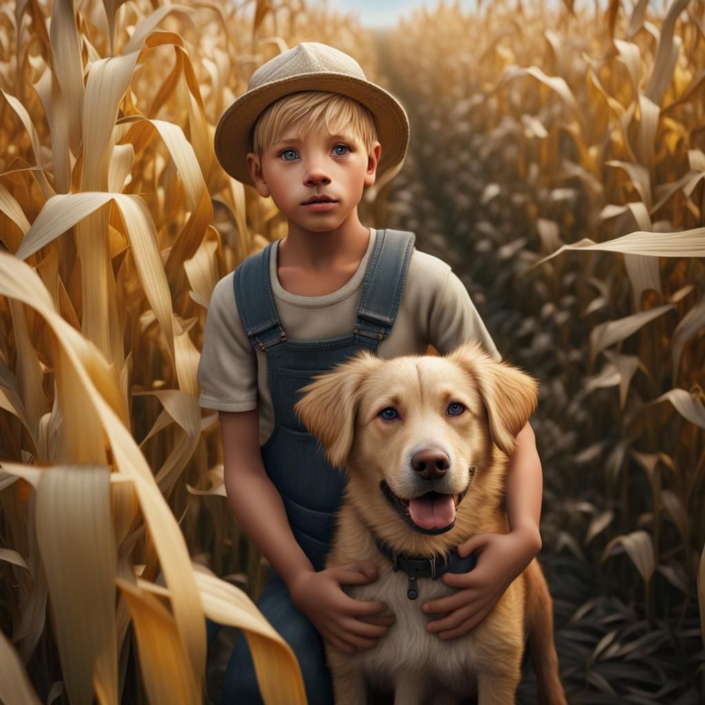 Hyperrealistic Farm Boy and Dog in Cornfield