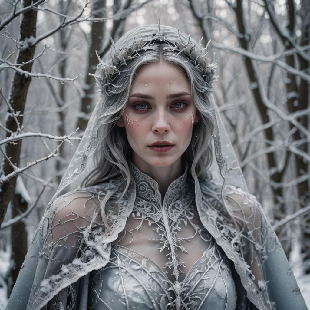 Ethereal Woman in Icy Forest: Hyperrealistic Portrait