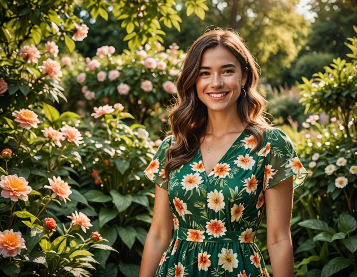Smiling Woman in Lush Garden Fashion Photography