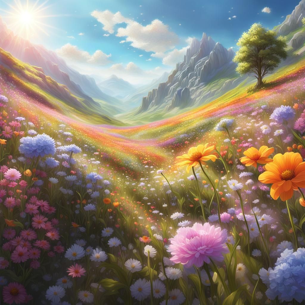 Sunny Flower Valley Landscape in 8K Resolution