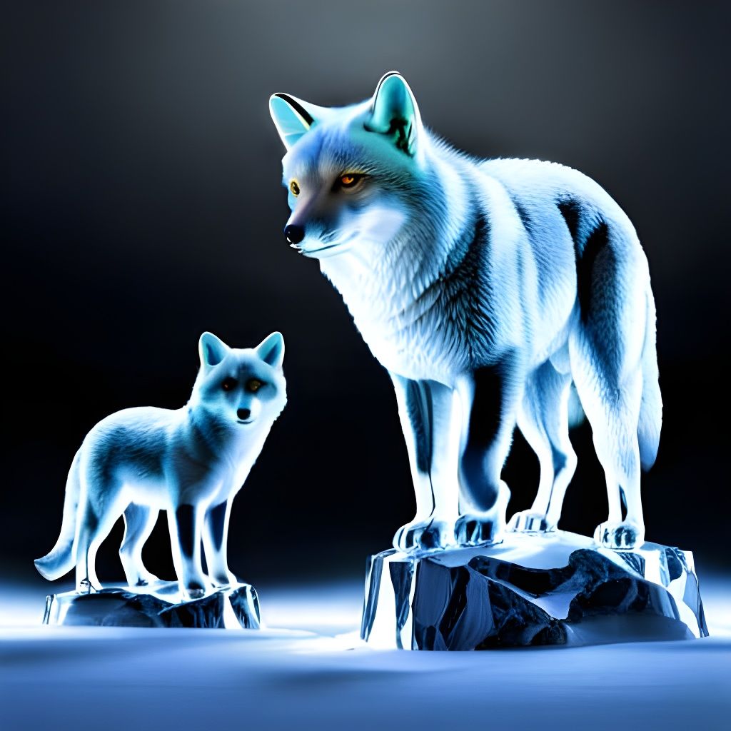 Crystal Ice Fox Sculpture with Cubs