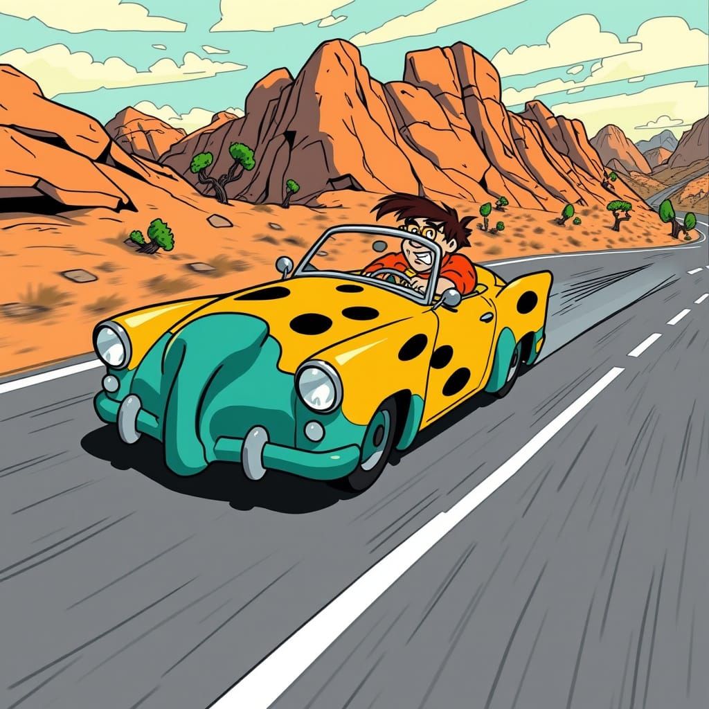 Flinstone Car Speeding Through Bedrock: Hanna-Barbera Style