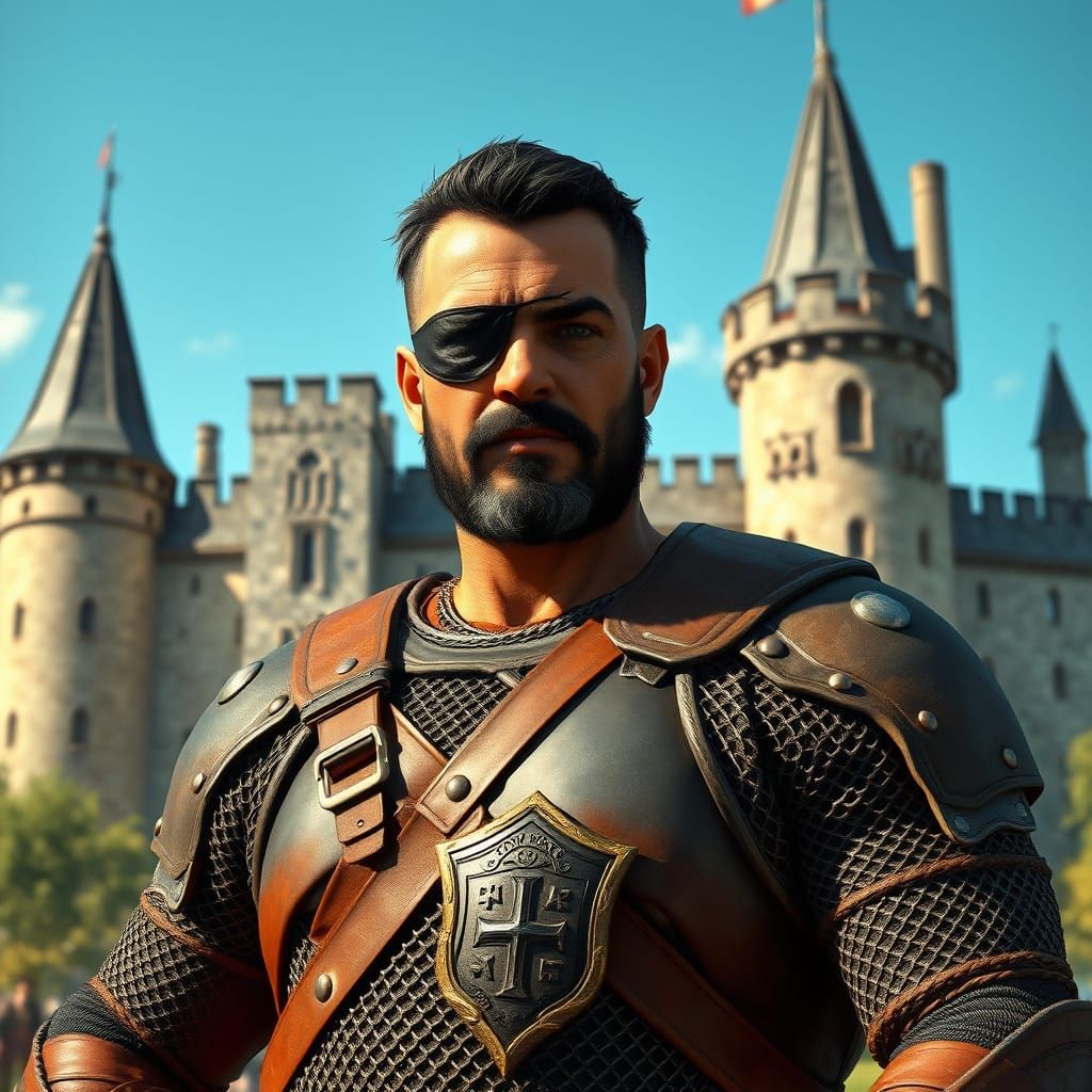 Battle-Hardened Warrior Stands Before Medieval Keep in Leath...