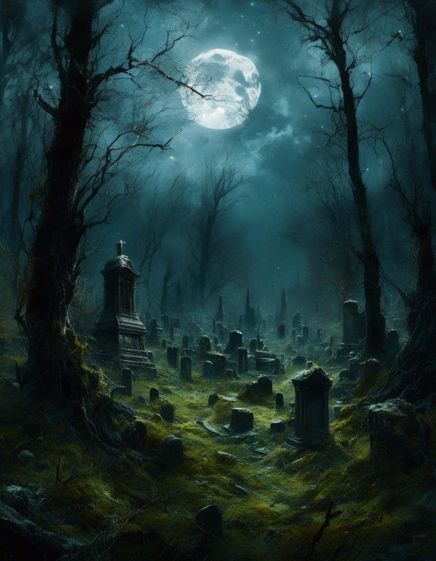 Eerie Graveyard Under a Starry Sky