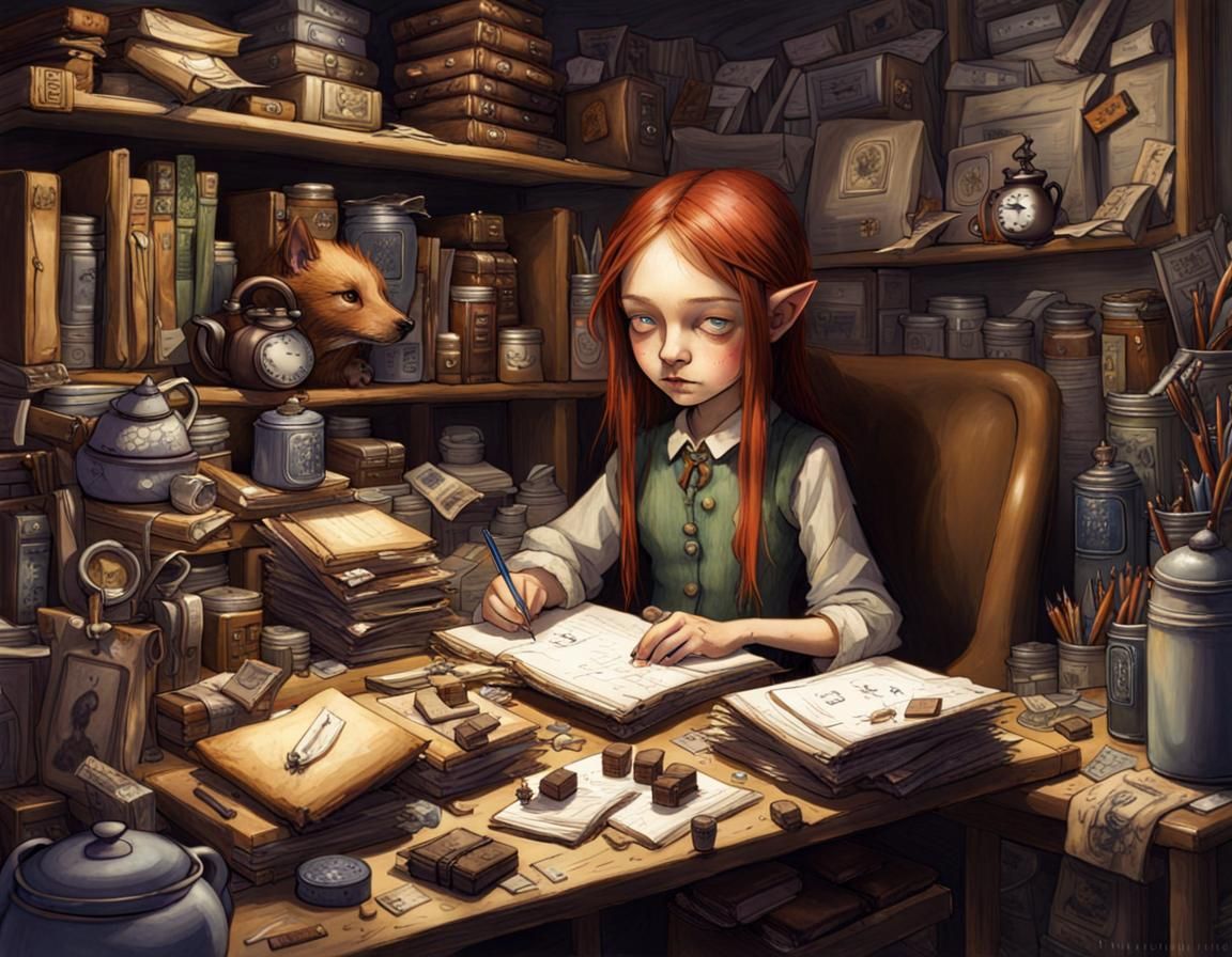 Tilly the House Brownie's Cluttered Office, Fantasy Art