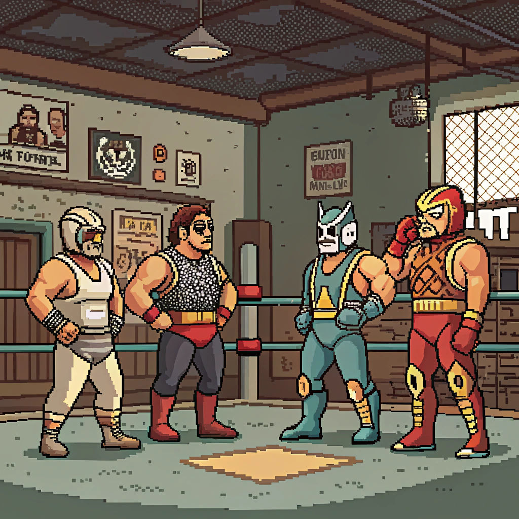 Costumed Wrestlers in 8-Bit Pixel Art Style