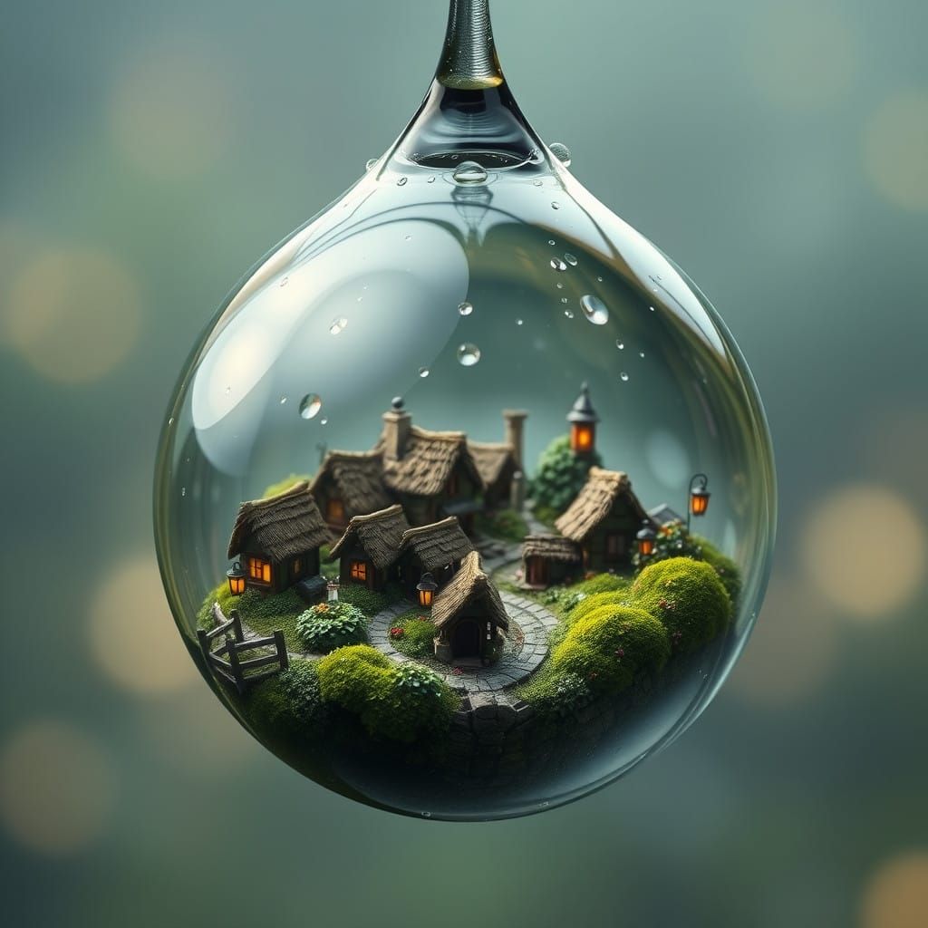 Whimsical Miniature Village Within a Raindrop