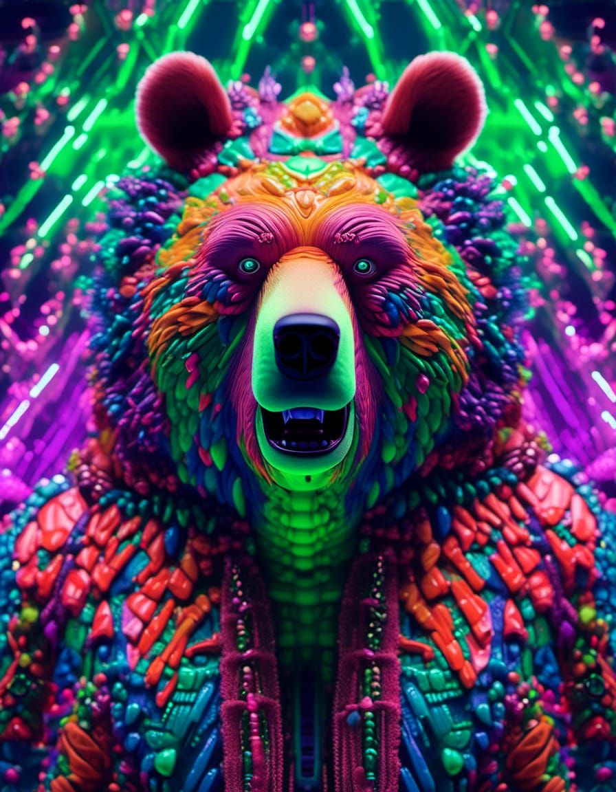Iridescent Bear Portrait in Bioluminescent Green Smoke