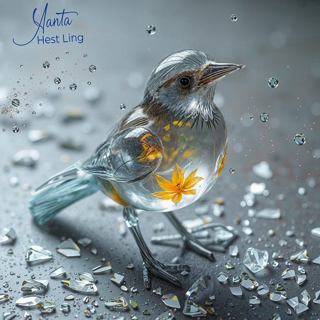 Vibrant Transparent Glass Sparrow in Dramatic Moment