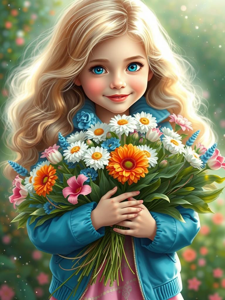 Joyful Girl with Flowers: Hyperrealistic Concept Art