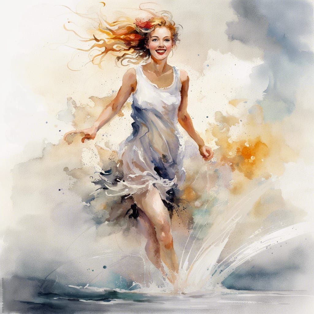 Joyful Girl Runs Through Sea: Splash Art