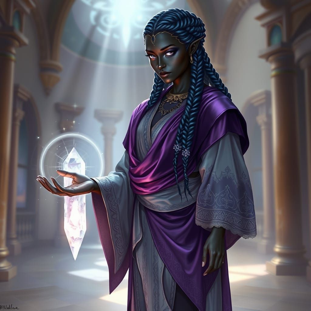 Regal Dunmer Woman in Starlit Atrium: Digital Painting