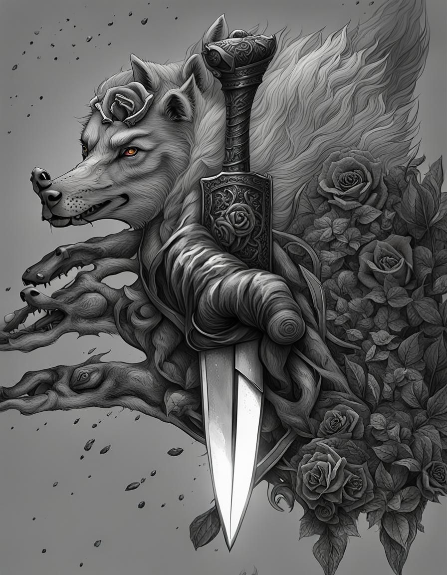 Hand Grasping Dagger, Rose, and Wolf: Chiaroscuro Art