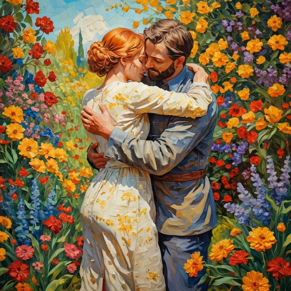 Embracing Figures in Expressionist Impasto Garden