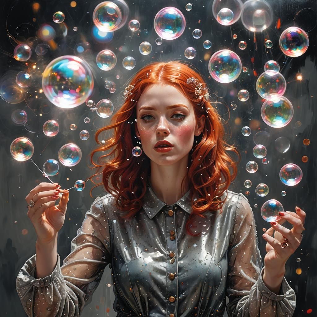Red-Haired Girl Blowing Sparkling Bubbles: 3D Mixed Media