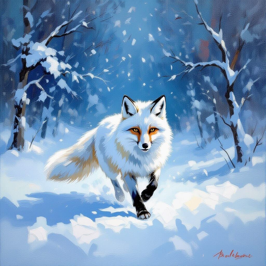 White Fox in Winter Storm, Impasto Style