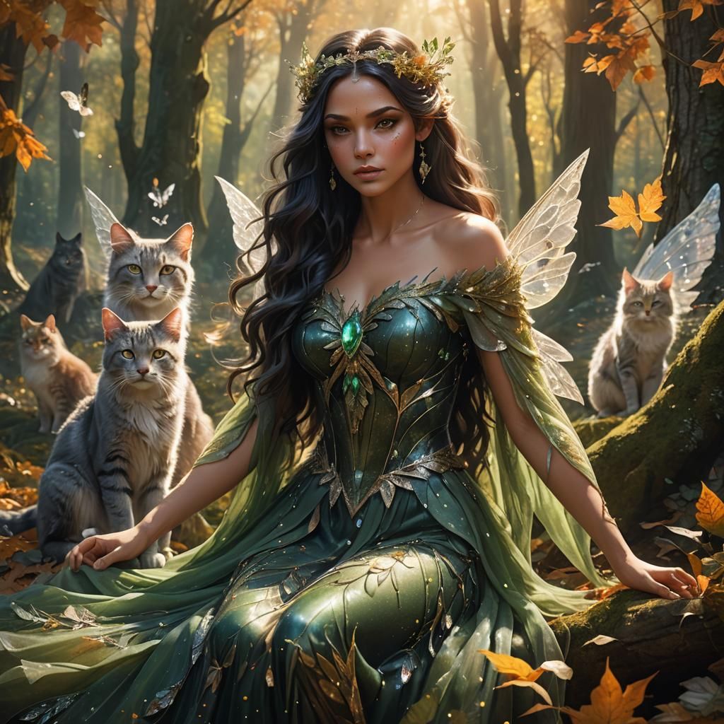Winged Fairy Goddess in Autumn Forest