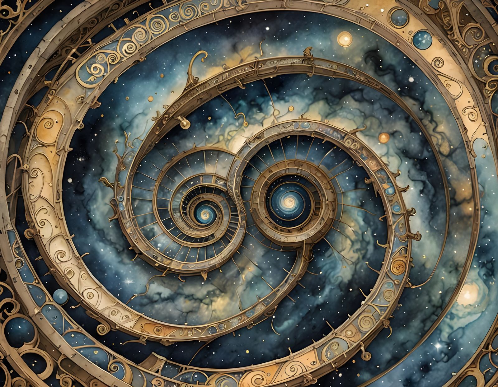 Golden Spiral Galaxy in Watercolor Style
