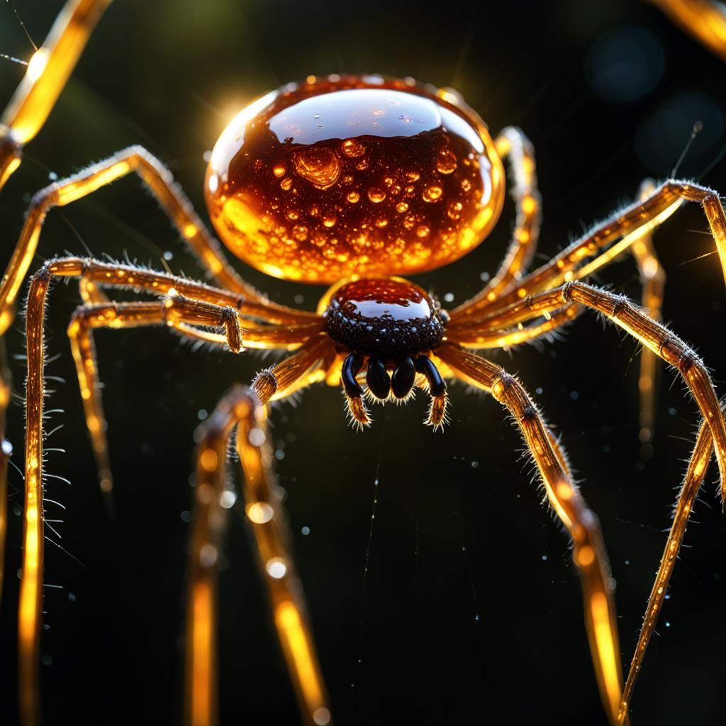 Glowing Amber Spider Web with Dew Drops