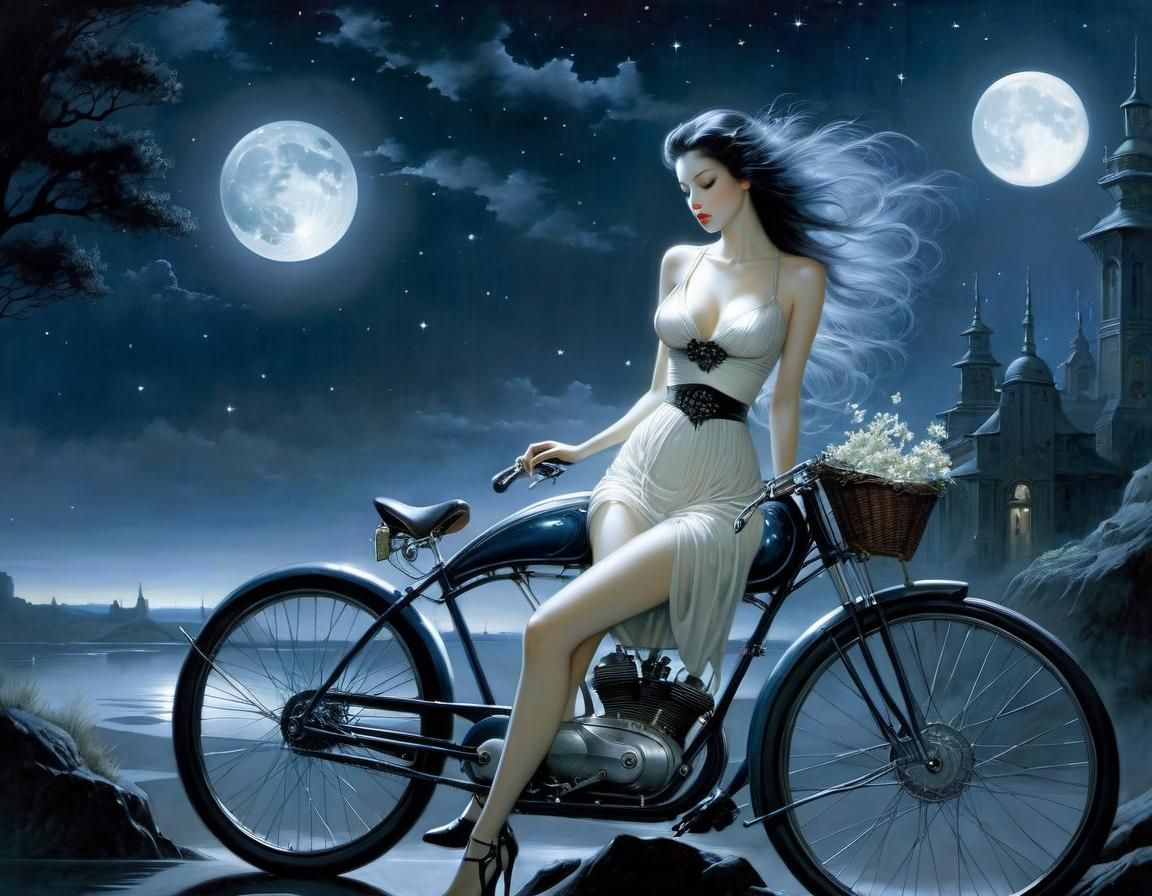 Moonlit Night Bike Ride: Surreal Art