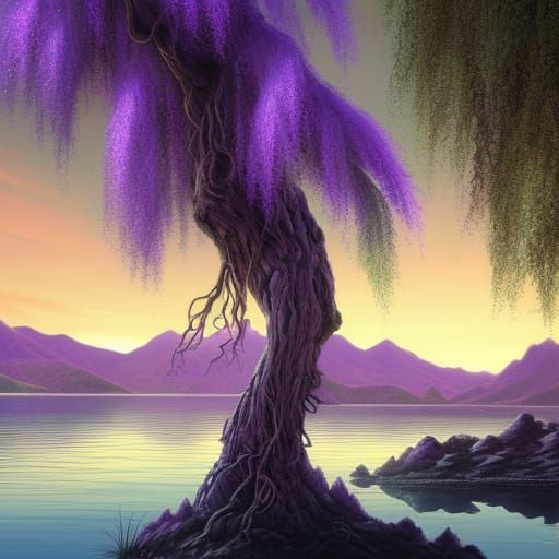 Glowing Purple Weeping Willow at Sunset