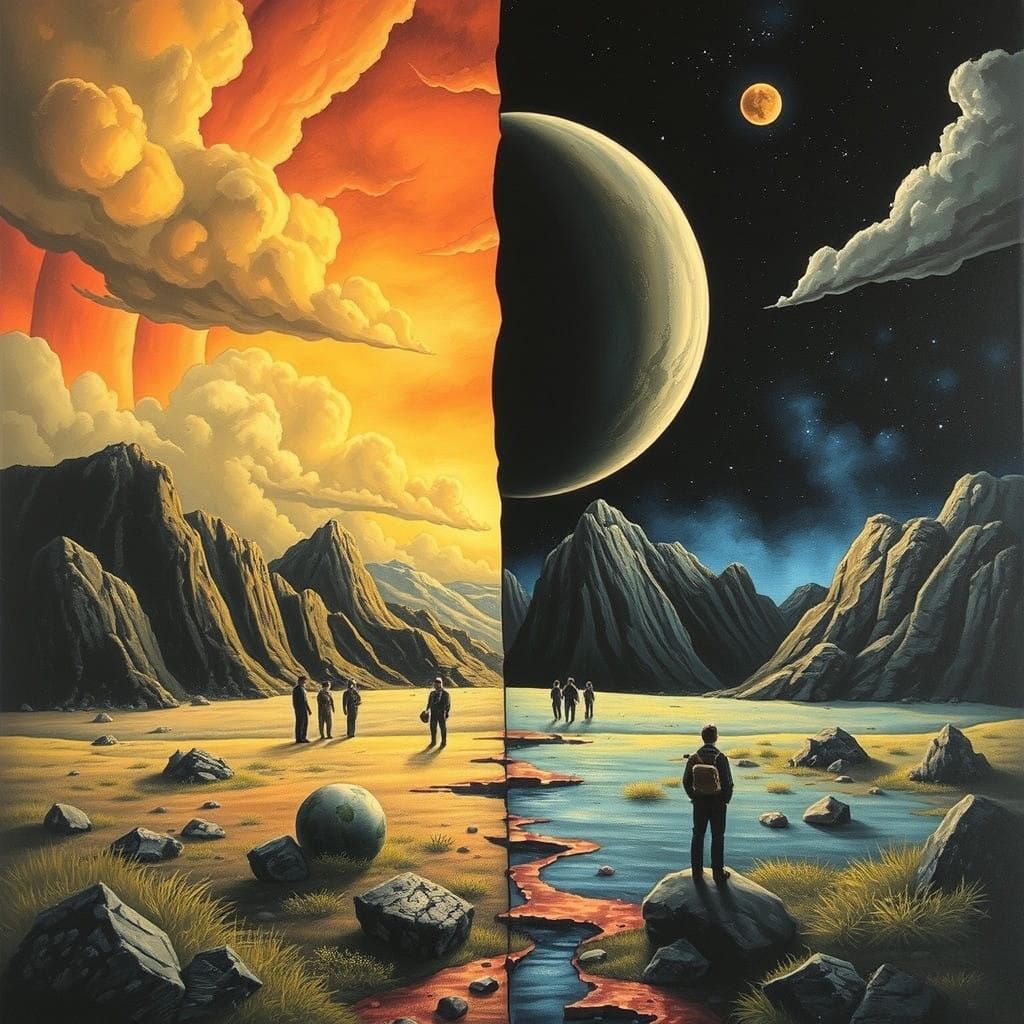 Bifurcated Scene in Retro-Futuristic Style